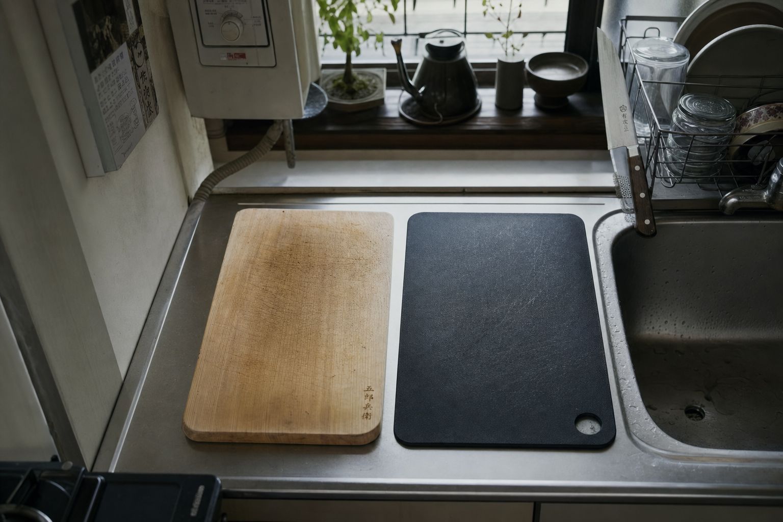 A wooden cutting board and a rubber cutting board side by side on a Tokyo kitchen counter, both showing knife marks