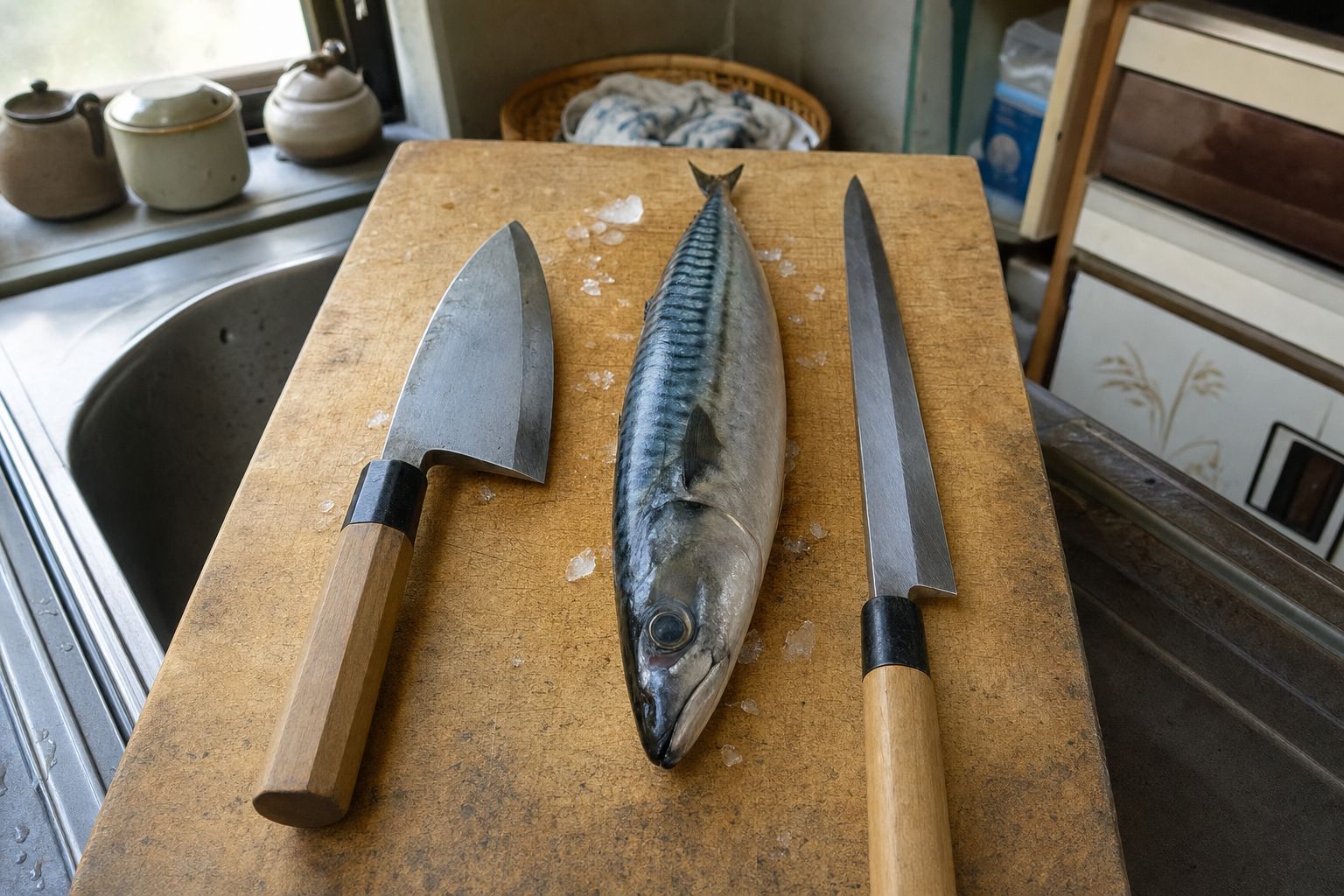 A deba knife and a yanagiba knife laid side by side on a wooden cutting board next to a whole mackerel