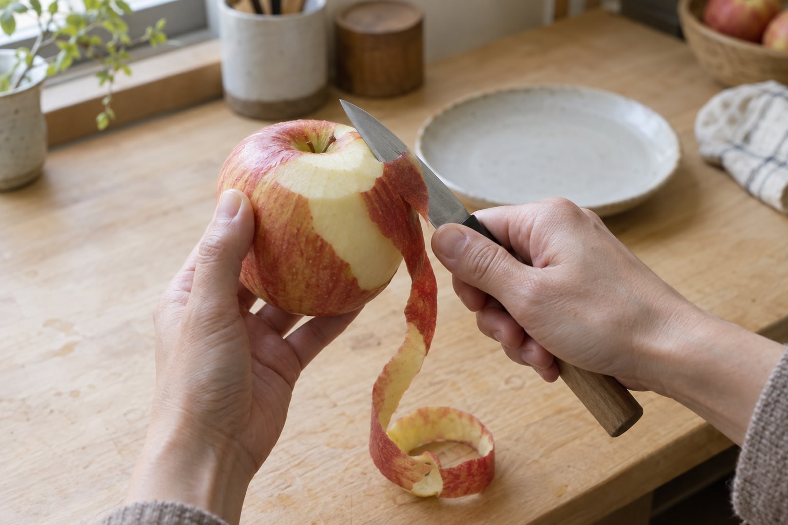 A small Japanese petty knife peeling an apple in one continuous strip on a wooden kitchen counter