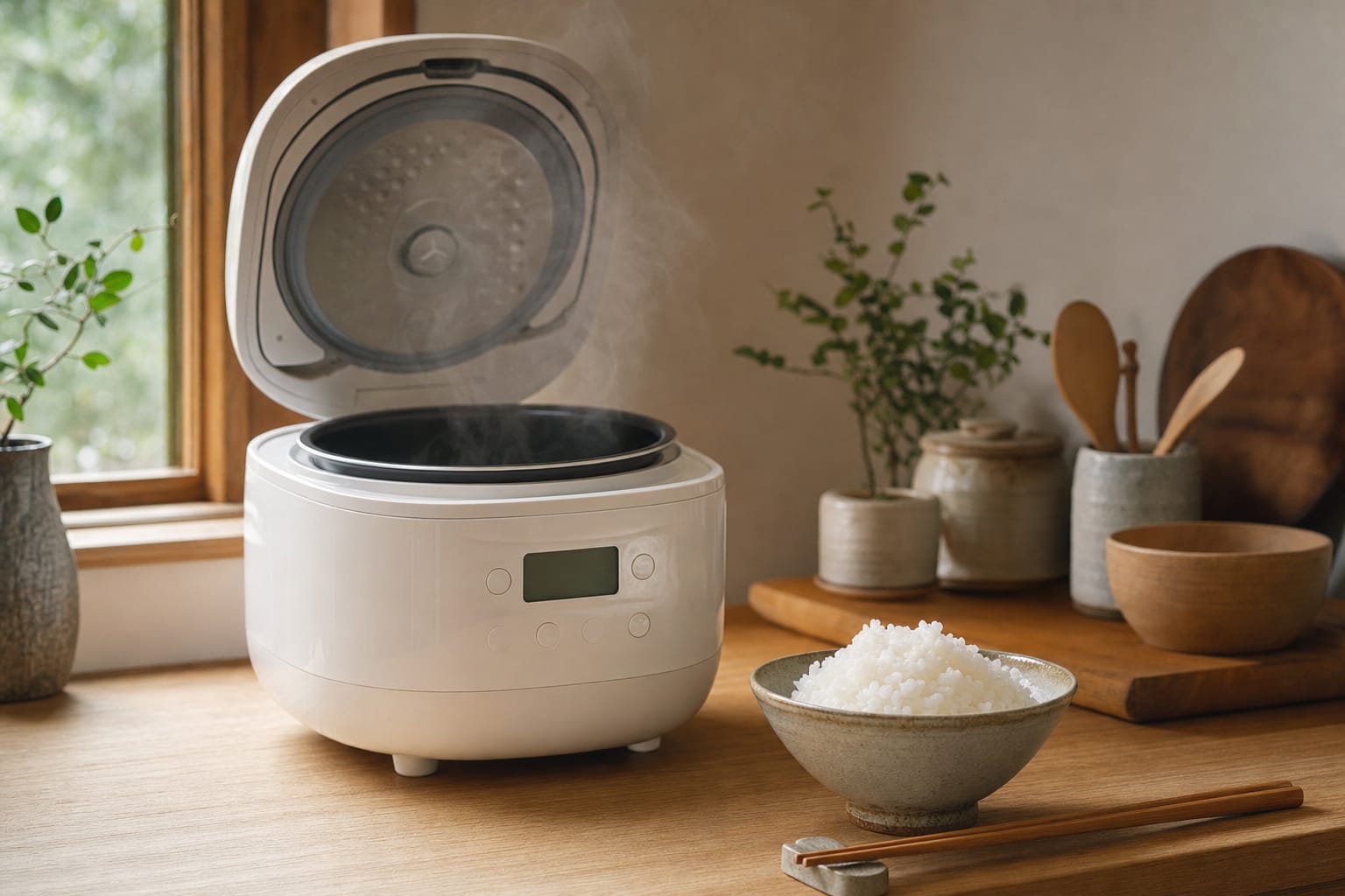 A Japanese rice cooker steaming on a kitchen counter next to a bowl of cooked white rice