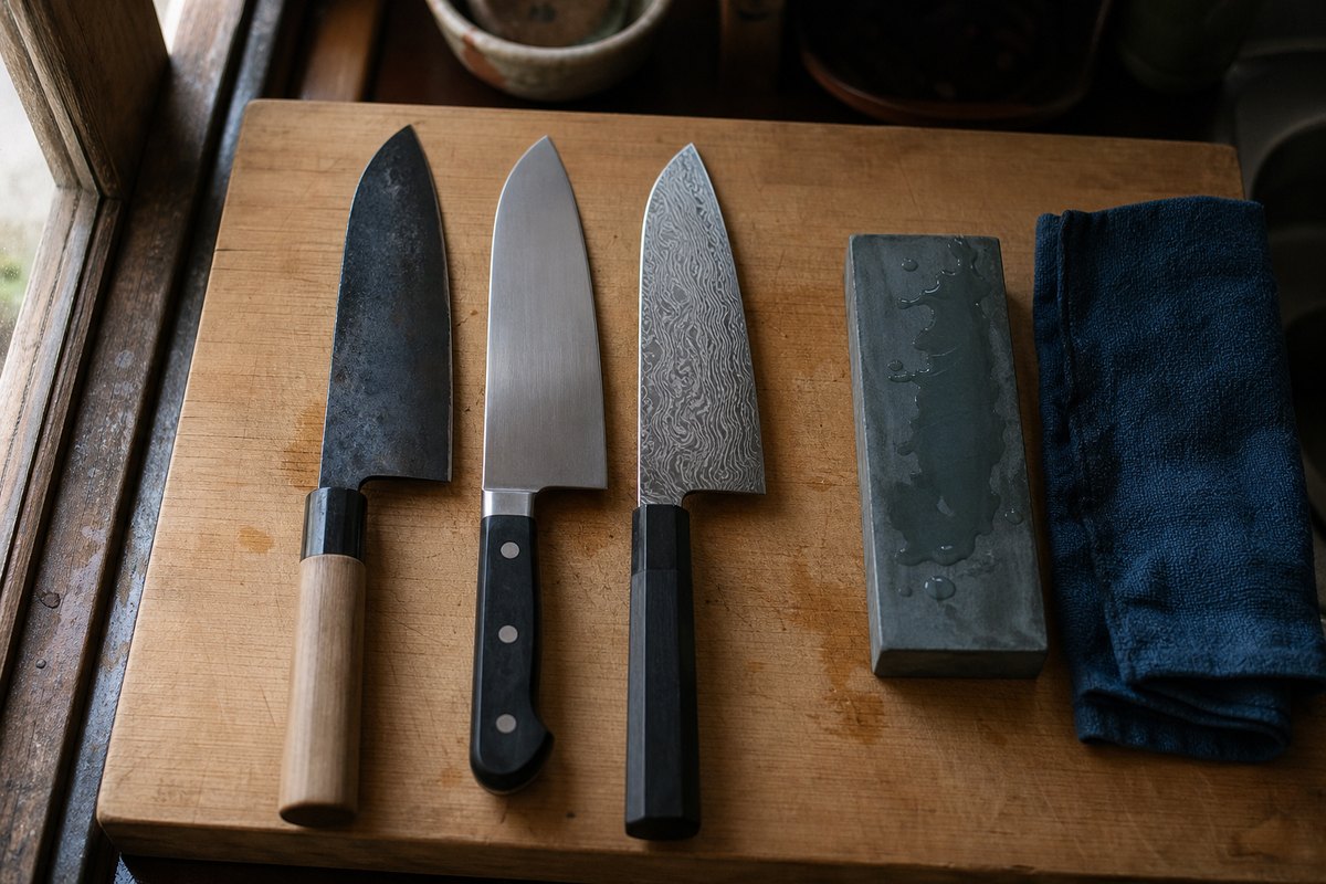 Three Japanese kitchen knives on a wooden board showing different blade finishes — a dark forged carbon blade, a polished stainless blade and a damascus-patterned blade