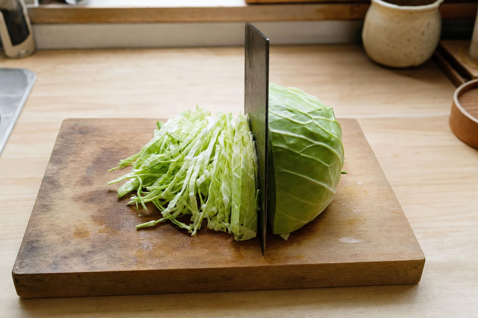 A rectangular nakiri knife pressed straight down through a cabbage on a wooden board, shredded leaves beside it