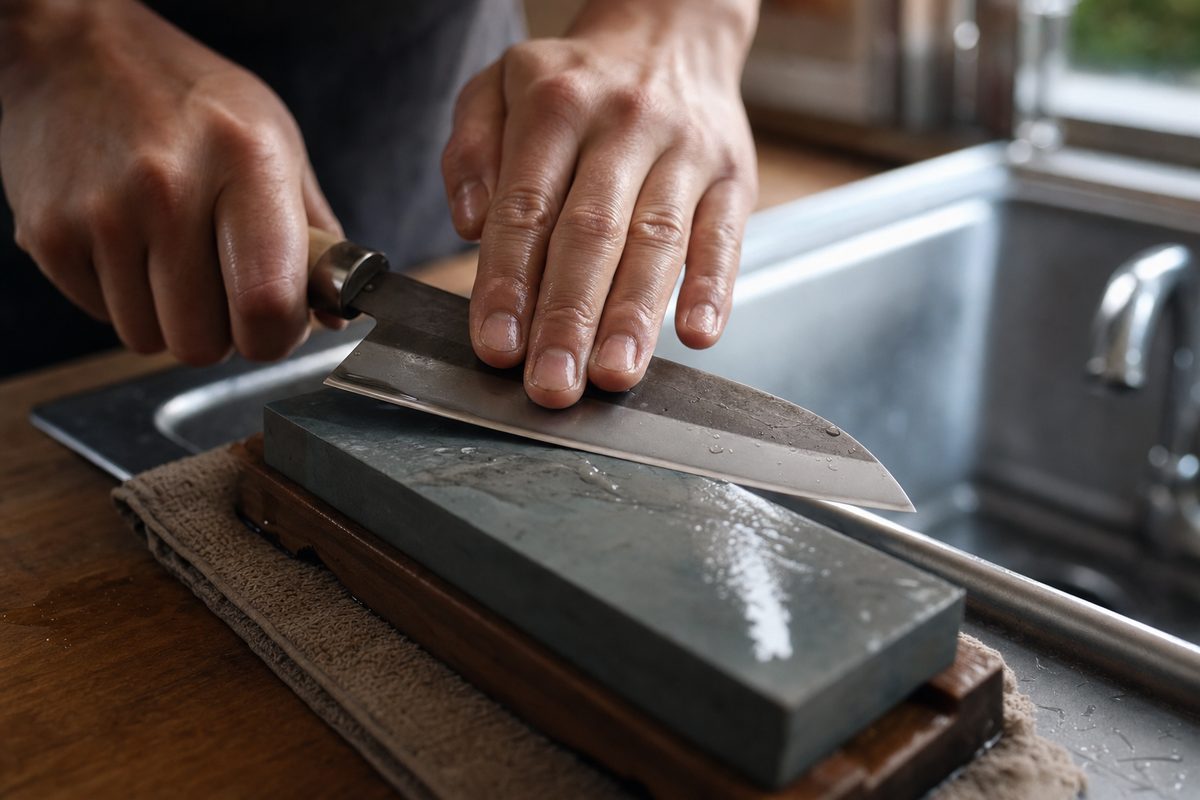 Hands sharpening a Japanese knife on a wet whetstone by a kitchen sink
