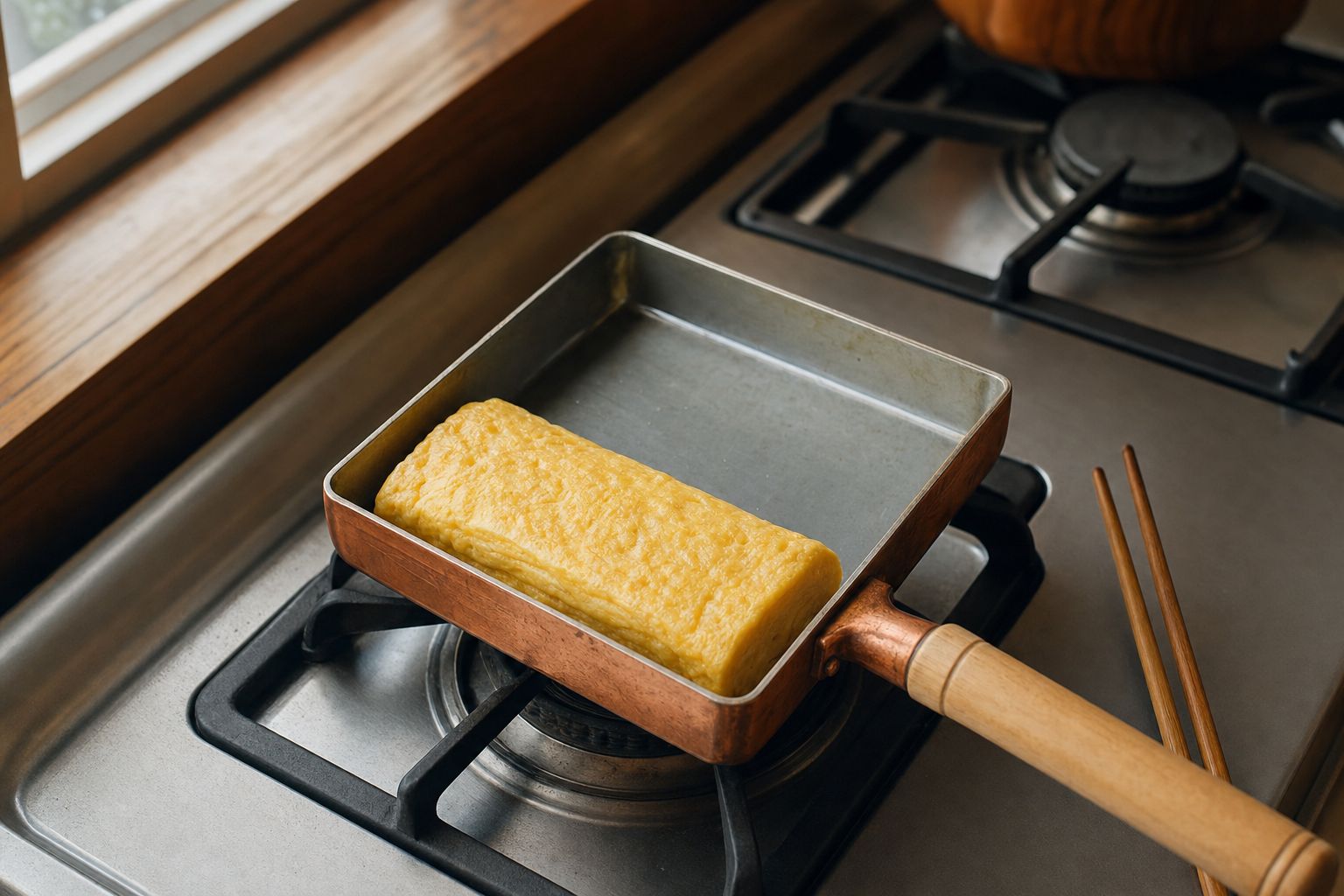 A rectangular copper tamagoyaki pan on a stovetop with a freshly rolled Japanese omelette and a pair of long cooking chopsticks beside it