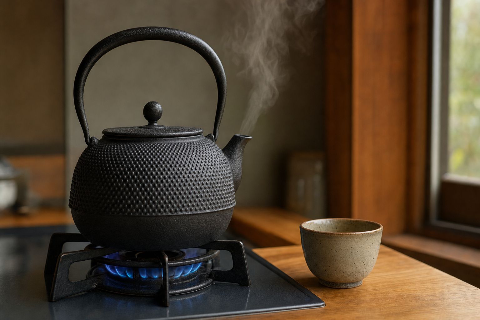 A black cast iron tetsubin kettle steaming on a stove beside a small ceramic cup, arare bumps visible on its surface
