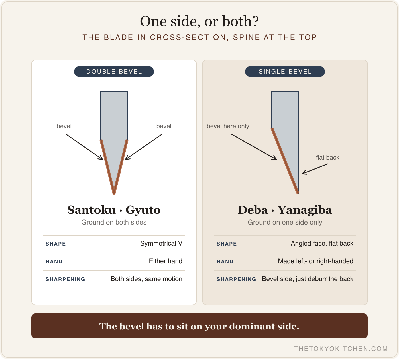 A simple diagram comparing a double-bevel knife edge (symmetrical V) to a single-bevel edge (flat on one side, angled on the other), labeled deba and yanagiba next to santoku and gyuto